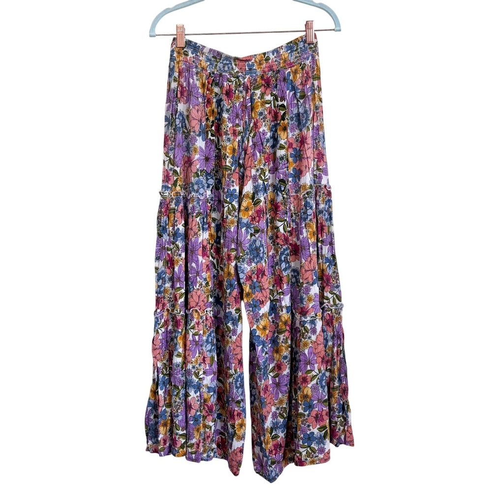 Angie Womens Boho Floral Wide Leg Palazzo Pants Medium Botanical Cottage Tiered